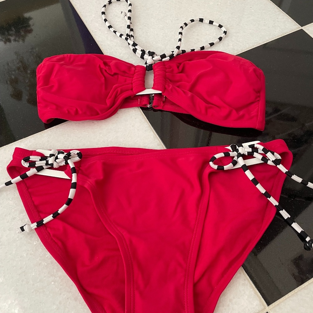 XHILARATION RED BIKINI - NEW with BLACK/WHITE TIES
